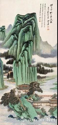 张大千1947年作 《仿赵大年湖山清夏图》 镜心130×59厘米