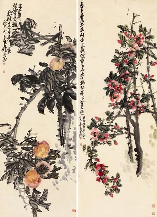 09春诚轩拍品《三千年结实之桃》(左)与09秋诚轩拍品《嫣红》(右),注意画面的左下角