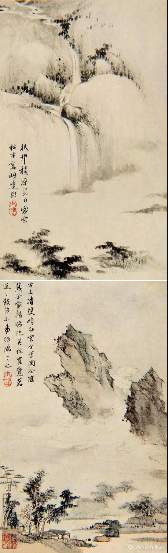 清 查士标 山水册之一、二14cm×23.5cm 1658