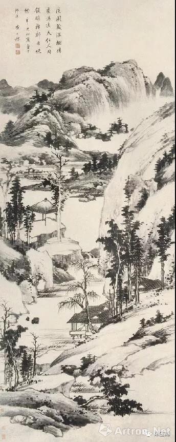 清 查士标 山居抱膝图 79.3cm×205cm 1671 香港虚白斋旧藏