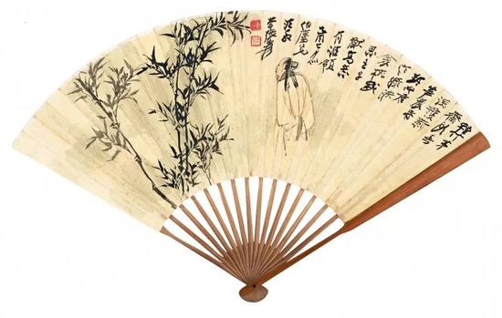 Lot 369 张大千(1899-1983) 子猷高逸 谢无量(1883-1964) 自作诗 成扇 设色绢本、水墨洒金绢