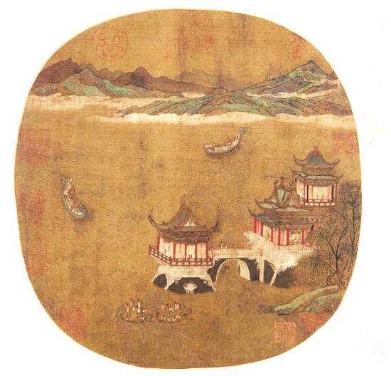 唐 李昭道 《龙舟竞渡图》页,绢本,设色,纵28.5cm,横29.7cm。