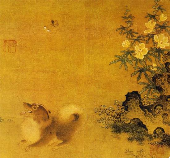 (宋佚名《秋葵犬蝶图》)