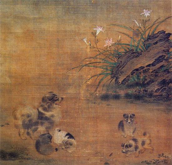 (南宋毛益《萱草戏狗图》)