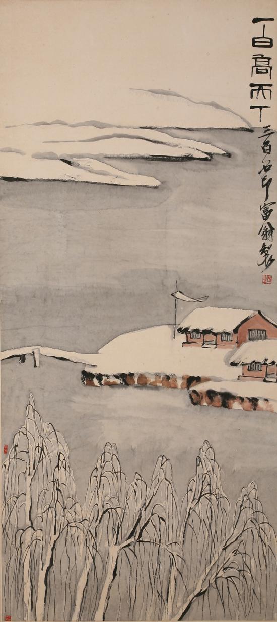 齐白石四季山水十二条屏——一白高天下 齐白石 1932年 138×62cm 轴 纸本设色 重庆中国三峡博物馆藏