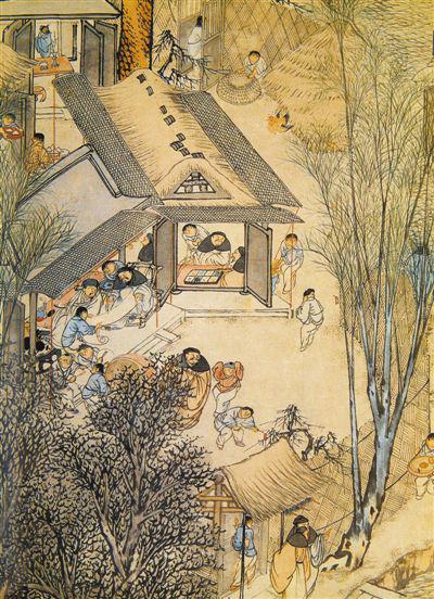 故宫博物院藏明代李士达《岁朝村庆图》轴(局部)