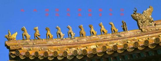 太和殿屋脊上的神兽:鸱吻、凤、狮子、天马、海马、狻猊、狎鱼、獬豸、斗牛、行什