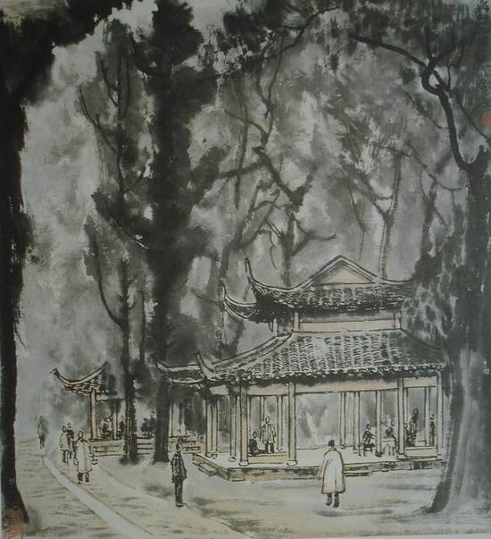 李可染,《灵隐两亭》,45x41cm,1956年