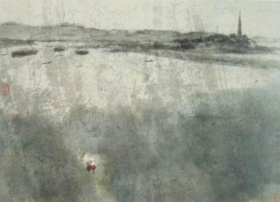 傅抱石,《春雨西湖》,28x39cm,1963年
