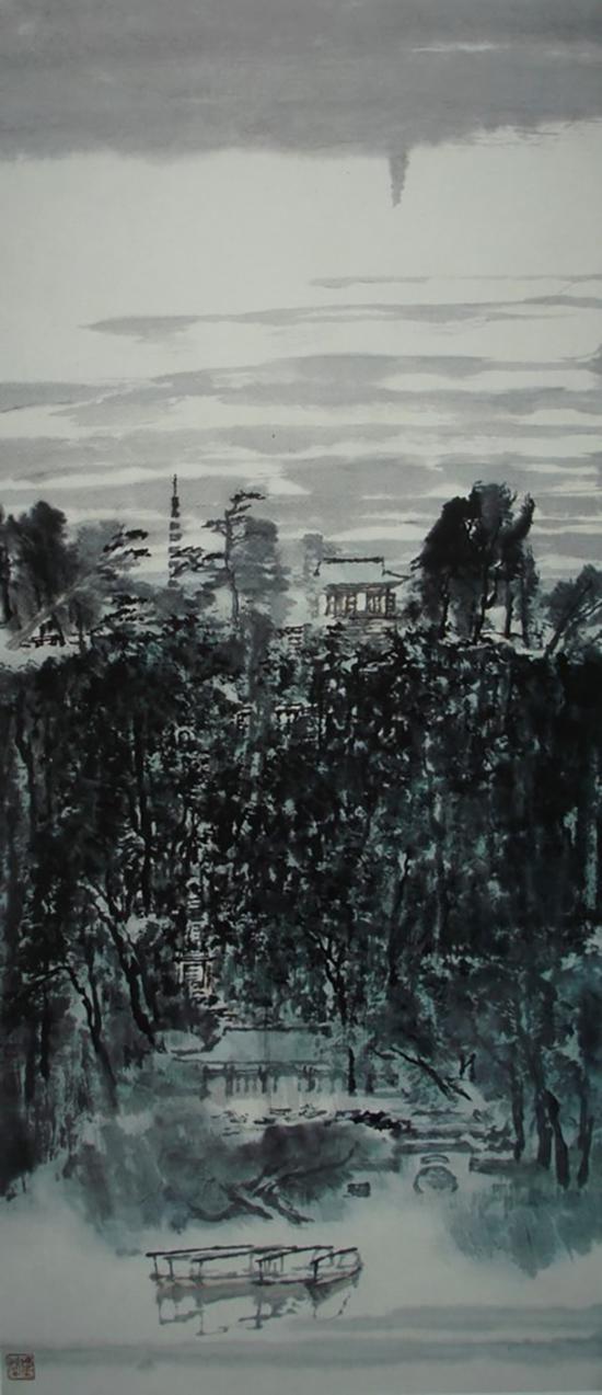童中焘,《西泠晚烟》,107x49cm,1992年