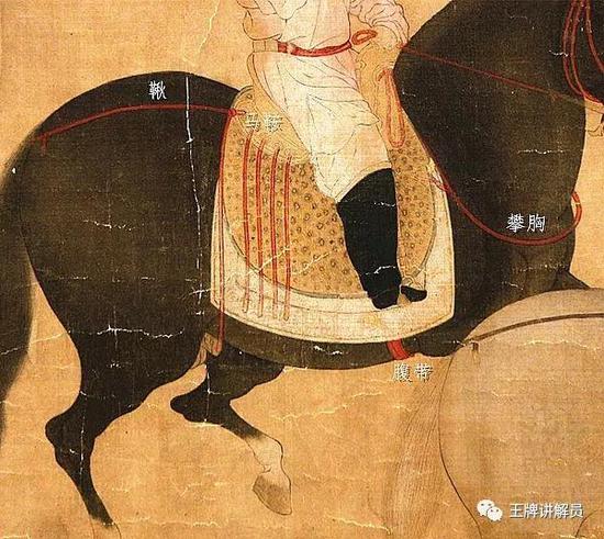 固定马鞍的三条带子分别称为攀胸、韅(音显)和鞦(音秋),韅即腹带